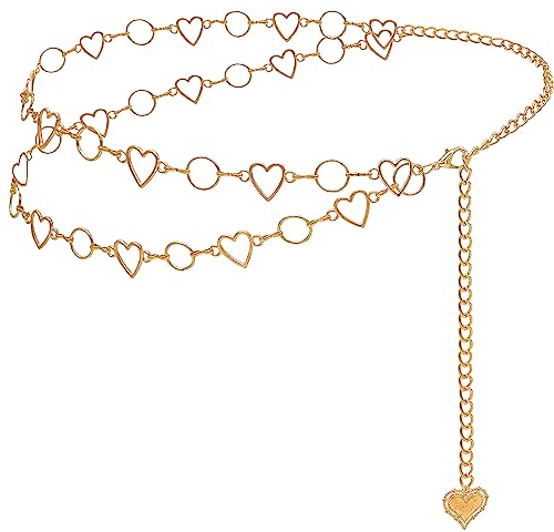 Long Tassel Waist Chain Belt for Women, Adjustable Metal Body Belly Belt Chain for Dress - color: Gold Double Heart, size: L: (Fit Waist 51.2in)