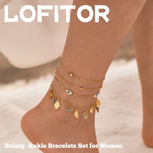 LOFITOR Ankle Bracelets for Women Glitter Waterproof Adjustable Anklet Set for Women 18K Gold Plated Silver Charm Dainty Layered Anklets, Summer Beach Anklet Jewelry for Women - style: Evil-eye Gold