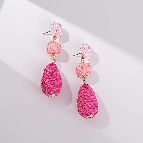 Boho Raffia Earrings Statement Dangle Earrings Cute Teardrop Ball Earrings Colorful Summer Jewelry Handmade Rattan Earrings for Women - color: 3Pink