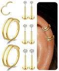 Small Cartilage Double/Triple-Hoop Helix Conch Piercing Earrings With Cubic Zirconia For Women Trendy 14K Gold Plated Titanium Surgical Stainless Steel Sets Nose Rings Hoops Septum Rings - color: 14K Gold, style: A-4Pairs-16Gauge-Double hoop