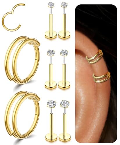 Small Cartilage Double/Triple-Hoop Helix Conch Piercing Earrings With Cubic Zirconia For Women Trendy 14K Gold Plated Titanium Surgical Stainless Steel Sets Nose Rings Hoops Septum Rings - color: 14K Gold, style: A-4Pairs-16Gauge-Double hoop
