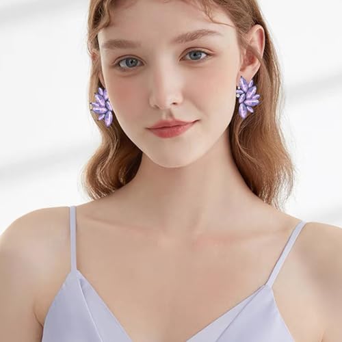 Bohemian Statement Sparkly Colourful Fancy Rhinestone Crystal Flower Dangle Drop Stud Earrings Vintage Wedding Bridal Prom Earrings for Women - color: Light Purple