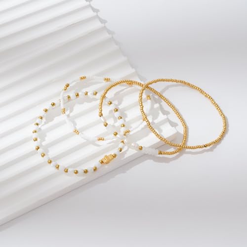 Dainty Gold Plated Pearl Crystal Beaded Bracelets Set for Women 14K Gold Plated Bead Pearl Beads Bracelet Stackable Paperclip Link Chain Bracelets Gold Plated Bracelets for Women Trendy Jewelry - color: Style3-gold white bracelets set