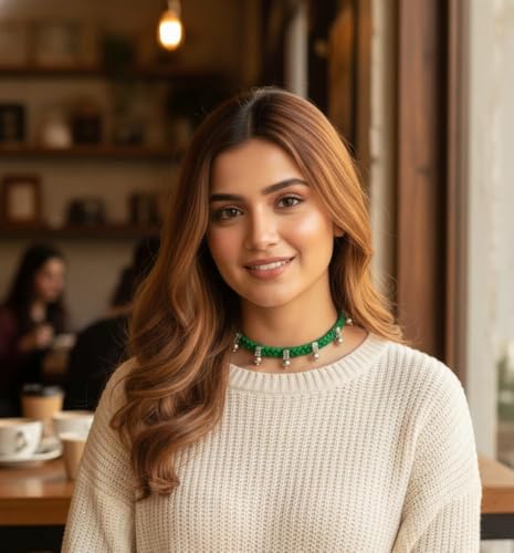 athizay Boho Charm Thread Choker Necklace – Braided Bohemian Choker with Oxidized Silver Dangle Charms | Handmade Boho Jewelry for Women - color: Green, silver
