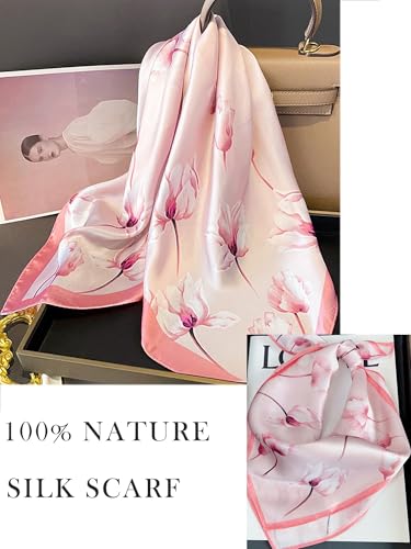 100% Mulberry Silk Scarf for Women Hair Lightweight Square Neckerchief Wrap For Head Scarves 21" - color: 3-pink Tulip /21"*21"