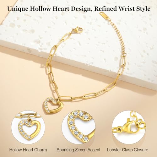 Emibele Heart Charm Bracelet for Women, Bible Verse Bracelet Stainless Steel 18K Gold Plated Bracelet Love Pendant Link Chain OT Clasp, Birthday Christmas Jewelry Gift for Mother Her - color: Gold Heart Pendant