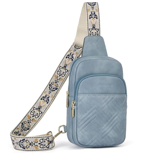BOSTANTEN Sling Bag Quilted Crossbody Bags for Women Cross Body Purse Leather Fanny Pack with Adjustable Guitar Strap - color: A-light Blue