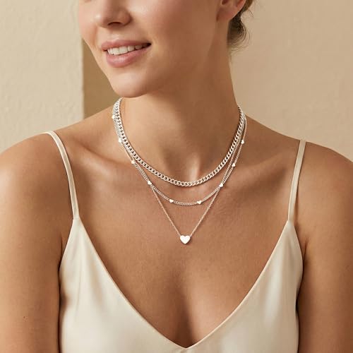 WomenGifts Layered Gold Necklaces for Women, 14K Gold Sterling Silver Plated Dainty Pendant Necklace Set Non Tarnish, Chunky Stackable Cuban Chain Choker, Trendy Birthstone Vacation Jewelry Gift - color: Silver, style: Heart Trio