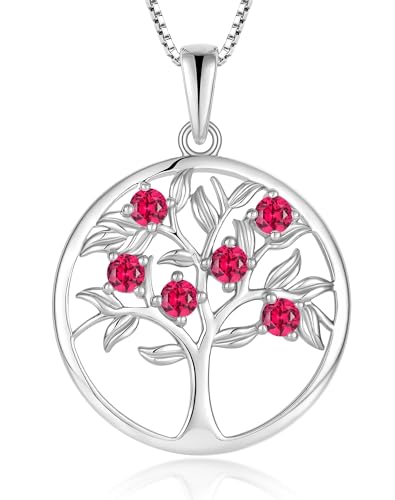 Tree of Life Necklace for Women - Solid 925 Sterling Silver 18K White Gold Plated Birthstone Pendant Jewelry - color: 07-Jul_Ruby