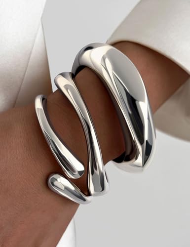 Chunky Gold Bangle Bracelets for Women, Dainty 14k Gold Plated Big Stackable Bangles Set, Trendy Statement Cuff Bracelet Stack Summer Beach Jewelry Gifts - style: Silver