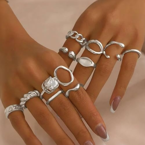Chunky Gold Rings for Women Non Tarnish Silver Chunky Rings Set Adjustable Thick Statement Ring Gold Stackable Ring for Women Trendy Fashion Silver Jewelry - style: Style2