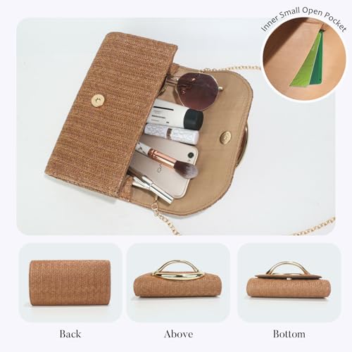 Straw Clutch Purses for Women,Summer Beach Bag,Woven Evening Handbags with Chain,Trendy Metal Handle Purses 2026 - color: Brown