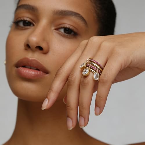 COLOYAN 14k Gold Plated Stackable Interlocking Rings for Women Non Tarnish | Durable Beautiful Cubic Zirconia Ring, Oval Rhinestone Drop Ring, Multi Stacking Ring Jewelry Gift Vacation, Party, Date - color: Pink, size: 6