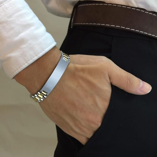 Custom Mens Bracelet Personalized Watch Band Engraved Name Bracelets for Men Customized ID Cuff Wristband Gift for Dad Husband - style: Silver&Gold-1.0cm