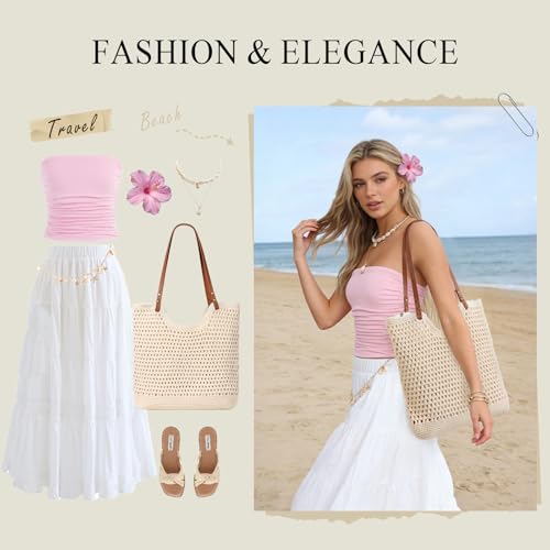 Sightor Crochet Beach Bag, Woven Tote Bag Summer Boho Bag Travel Casual Shoulder Bag for Summer Vacation - color: Beige