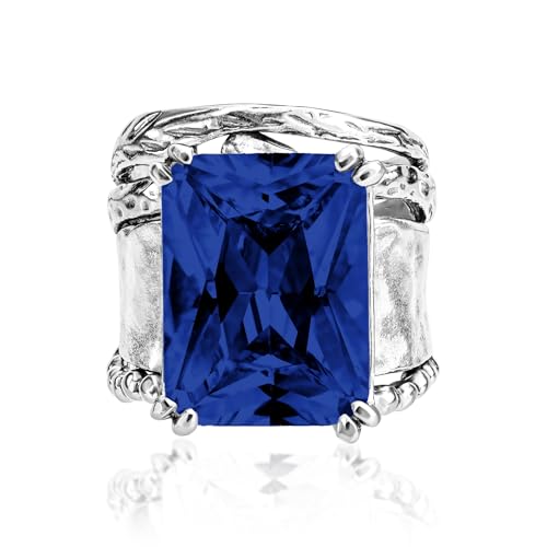 JEAN RACHEL JEWELRY 925 Sterling Silver Ring - Hammered Vintage Design with Octagon Shaped Cubic Zirconia - Hypoallergenic, Lead & Nickel Free - Artisan Handcrafted Statement Rings for Women - color: Sapphire CZ