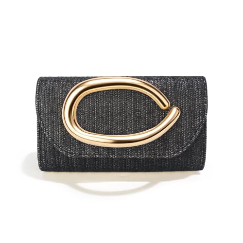 Straw Clutch Purses for Women,Summer Beach Bag,Woven Evening Handbags with Chain,Trendy Metal Handle Purses 2026 - color: Black