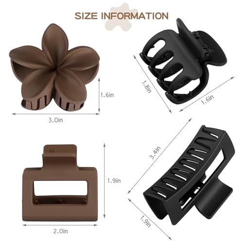 8 Pcs Neutral Matte Hair Claw Clips Set, Strong Hold Non-Slip Jaw Clips for Women Girls, Rectangle & Flower Design Hair Clips for Thick/Thin Hair, Daily & Styling Accessories（Black） - color: Black