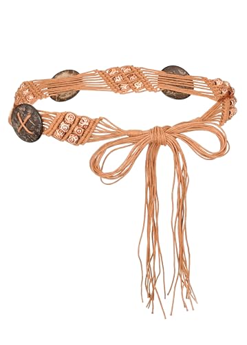 TeeYee Women's Waist Belt Adjustable Boho Style Handwoven Bohemia Tassel Rope Tie with Wooden Beads Braided Chain for Dress - color: 285tan