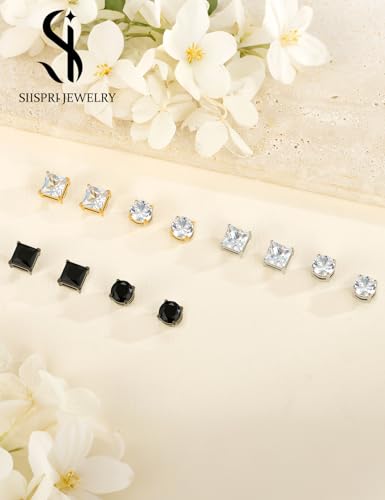 SIISPRI Magnetic Stud Earrings for Women Men Clip on Stud Earring Hypoallergenic Fake Earring Unisex Non Piercing CZ Halo Studs Diamond Earrings,Men's Aretes de lman - color: Black Gold Silver (Round CZ Square CZ)