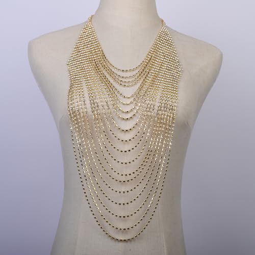 Wiwpar Full Rhinestone Body Chain Crystal Crossover Bra Body Chain Necklace Boho Multilay Costume Chest Chain Beach Sexy Bikini Nightclub Body Chain Party Rave Accessories for Women - color: Gold