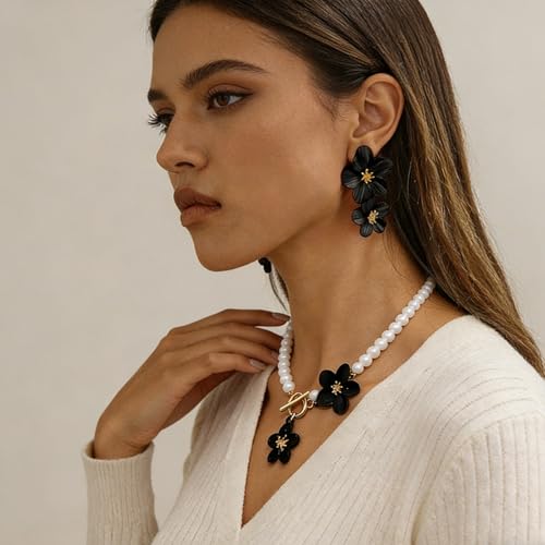 WCRAZYE Gold Flower Earrings Necklace Set for Women Boho Summer Daisy Floral Statement Earrings Brides Wedding Guest Dresses Jewelry - color: Black B