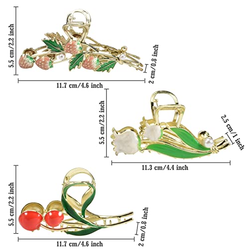 3-Piece Floral Metal Hair Accessories: Strawberry Cherry Tulip Barrettes, Elegant Strong Hold Non-Slip Clamps for Thin/Medium Thick Hair