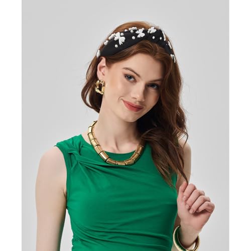 Black Headband Bow Pearl Knotted Headbands for Women Girls Cute Fashion Wide Headbands for Women Non Slip Hairbands Head Bands for Women's Hair Bow Hair Accessories - color: Black-03