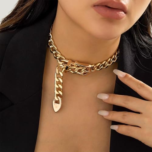 Chunky Chain Necklaces Women Statement Collar Necklace Gold Flat Snake Chain Choker Ribbed Design for Party, Dress Jewelry Gifts - color: B4:Gold Necklace