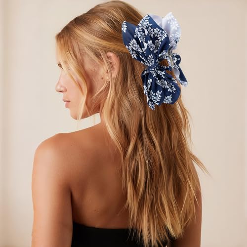 Bow Claw Hair Clips 2PCS Paisley Big Hair Bows for Women Butterfly Styling Large Hair Clips for Thick Hair for Girls Hair Accessories for Teens Gifts for Ladies - color: 2PC-White Paisley+-Blue Floral