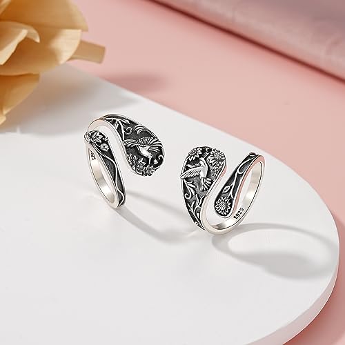Spoon Ring Sterling Silver Hummingbird Ring Vintage Antique Spoon Rings Adjustable Thumb Rings for Women - color: sunflower