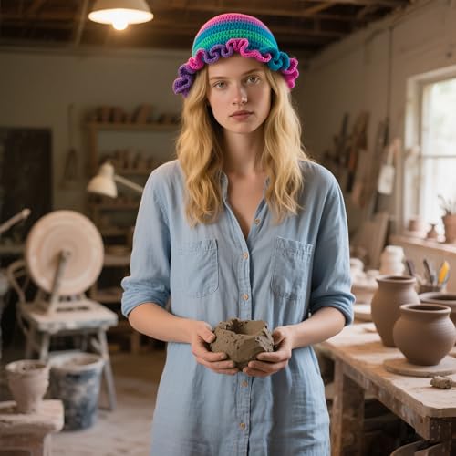 Handmade Crochet Bucket Hat for Women Boho Chic Slouchy Design Colorblock Ruffled Brim Festival&Daily Crochet Hat - color: Dopamine Color