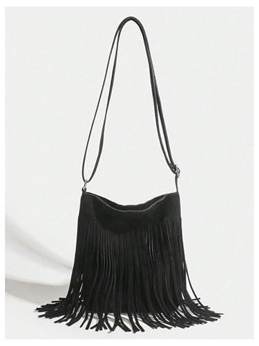 OYOANGLE Women's Fringe Bags Adjustable Strap Tassel Crossbody Bags Hippie Western Purse Cowgirl Shoulder Bag - color: Black