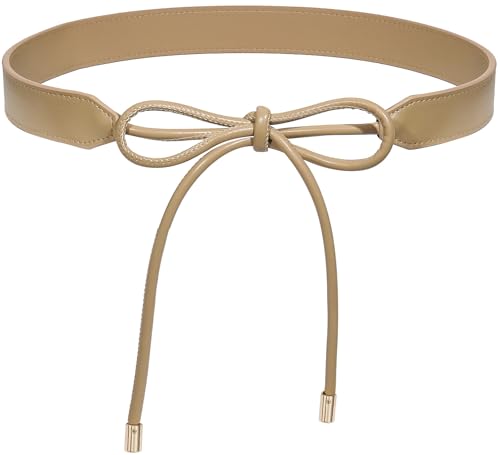 Women PU Leather Tie Waist Belts Knotted Thin Skinny Rope Waistband - color: Khaki