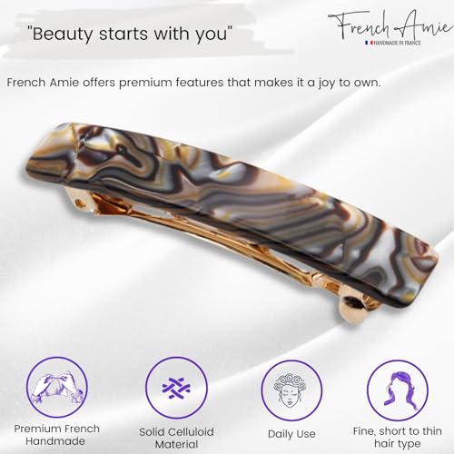 French Amie Small 2 1/4 inch Celluloid Handmade Hair Barrette No Slip Grip Durable Styling Women Hair Accessories Hair Clip for Girls, Made in France(Onyx Silver Grey) - color: Onyx Silver Grey
