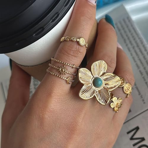 Bohemian Turquoise Ring for Women Chunky Gold Flower Statement Rings Vintage Round Turquoises Stackable Knuckle Ring Set for Women Western Jewelry - style: Turquoise flower ring-B