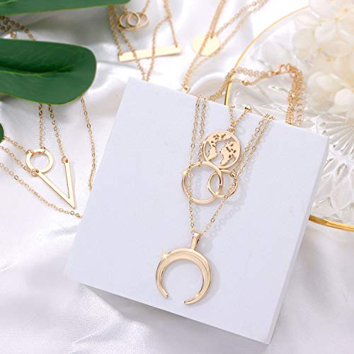 6 Pieces Layered Necklaces For Women Long Necklaces Gold Choker Necklaces Map Coin Bar Crescent Moon Necklace Layered Y Pendant Necklace Multilayer - color: gold