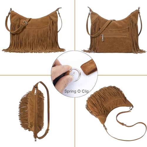 Sunwel Fashion Women Fringe Hobo Bag Western Purse Shoulder Bag Vegan Suede Tassel Hippie Crossbody Bag - color: Brown
