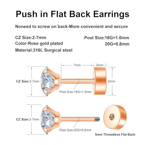 Flat Back Stud Earrings for Women - Hypoallergenic Surgical Steel Earrings with CZ Stones - 6 Pairs (18-20G) - color: Rose G, size: 20 G