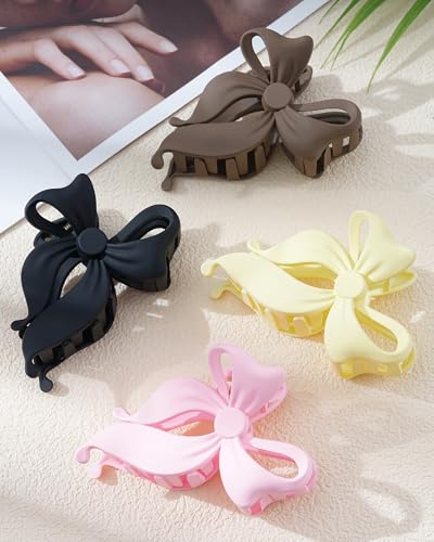 4 PCS Bow Hair Clips Bow Claw Clip for Women, Large Hair Claw Clips for Thin Thick Long Hair Cute Nonslip Bows (Black+Light Brown+Off-White+Light Pink) - color: Black+Light Brown+Off-White+Light Pink