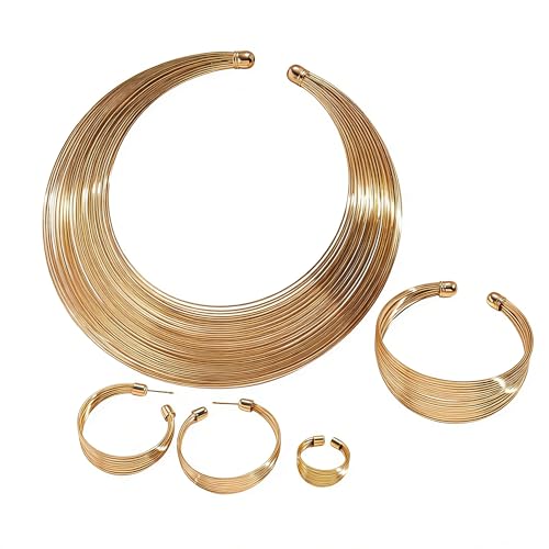 African Choker Necklace Bracelet Earrings Set for Women Dainty Chunky Gold Hoop Choker Necklace Wide Cuff Bangle Bracelets Exaggerated Ethnic Statement Jewelry Set for Women - style: B