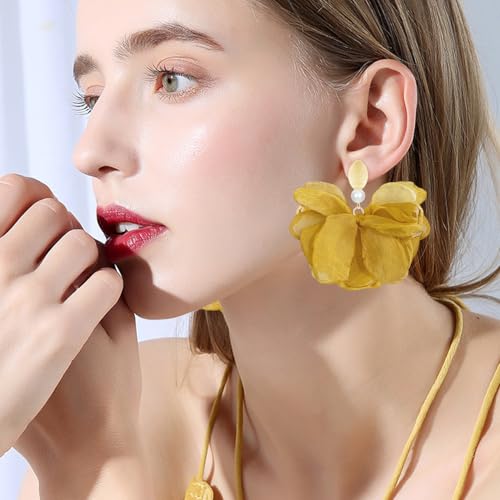 Handmade Fabric Flower Petal Fringe Dangle Drop Earrings Bohemian Floral Tassel Stud Earrings For Women - color: Dark Yellow