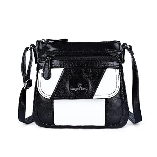 Angelkiss Small Womens Crossbody Bag Leather Shoulder Purse for Women Hobo Bag with Adjustable Shoulder Strap - color: Black/White