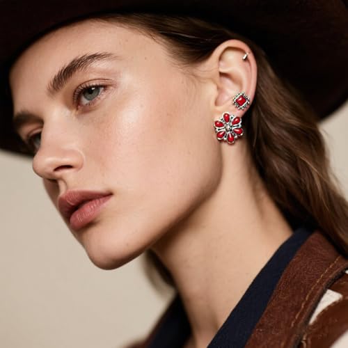 Western Earrings for Women Bohemian Turquoise Earring Set Vintage Turquoise Stud Earring for Women Flower Cowboy Earrings Western Country Concert Rodeo Outfits Jewelry Gift - color: Red