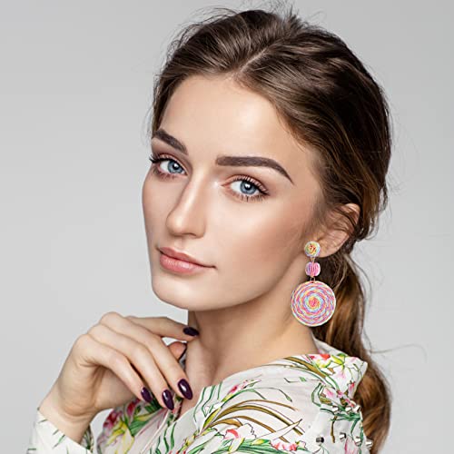 Boho Raffia Ball Earrings for Women, Handmade Statement Drop Earrings Straw Dangle Earrings Beach Vacation Jewelry - color: Colorful