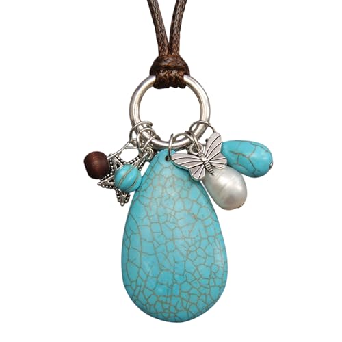 PU Leather Necklace Vintage Boho Style Multilayer Pendant Long Sweater Necklace Jewelry for Women Men with Adjustable Leather Cord - color: Drop Turquoise Ring Necklace