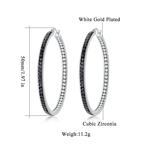 CiNily Mult-colors Crystal Stainless Steel Hoop Earring for Women Hypoallergenic Jewelry for Sensitive Ears Large Big Hoop Earrings 2" - color: White and Black