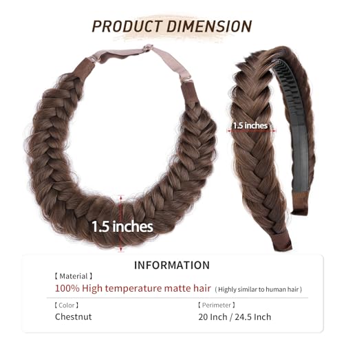 2PCs Braided Headband with teeth Handmade Messy Wide Synthetic Hair Elastic Stretch Fluffy Hairpiece for Brides (Chestnut) - color: Chestnut