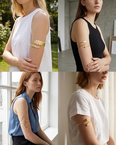 6 Pcs Arm Cuff Jewelry for Women, Minimalist Gold Coil Upper Arm Armband Set Metal Simple Open Armlet for Party - color: Feather