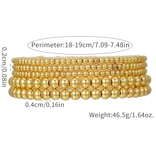 Gold Bracelets for Women 14K Gold Plated Beaded Non Tarnish Bracelets Stretch Bead Ball Bracelet Stack Set Jewelry for Gifts - color: E SET 5PC
